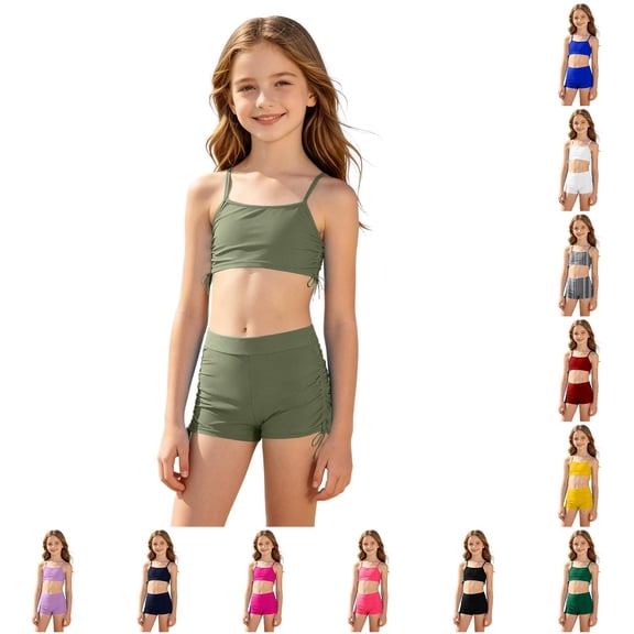XAOFW Girl's Summer Swimsuit Sets Two Piece Swimwear For Girls Sleeveless Tankini Tops And Swimming Shorts Solid Color Beach Sports Comfortable Swimwear Bottoms 5-6 Years