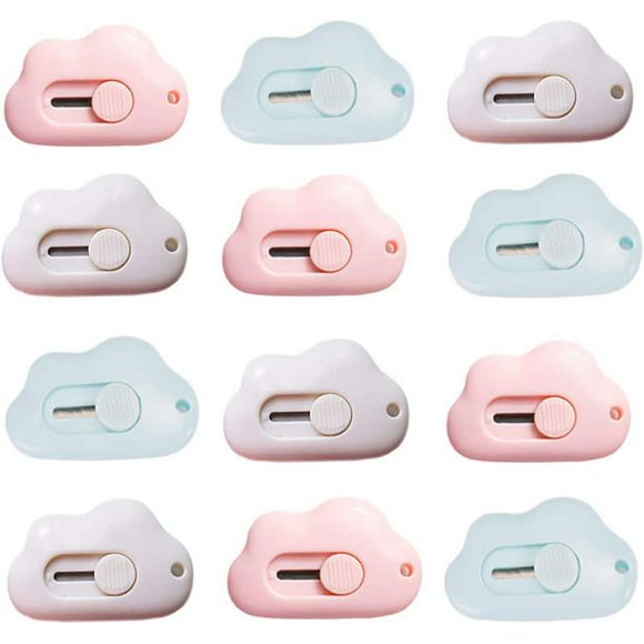 12 Pcs Couteau Rétractable Mignon, Couteau Utilitaire Portable avec Trous, Ouvre-Lettres Mini Coupe-Boîte, Couteau de Papeterie en Forme de Nuage