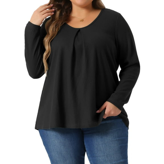 Agnes Orinda Women's Plus Size Waffle Knit Crew Neck Pleat Front Long Sleeve Tops 1X Black