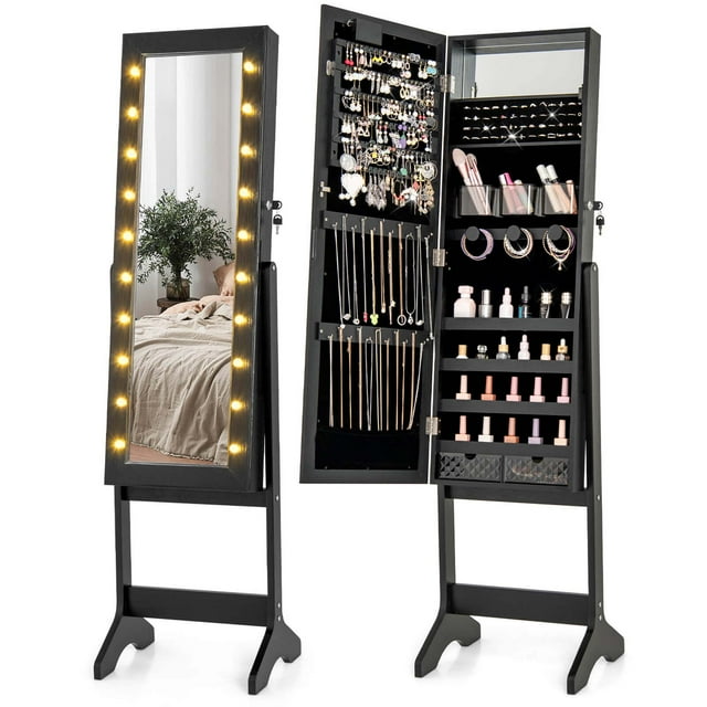 Costway Armoire à Bijoux avec Miroir LED et 20 Lumières LED Miroir Pleine Longueur Angles Réglables Noir