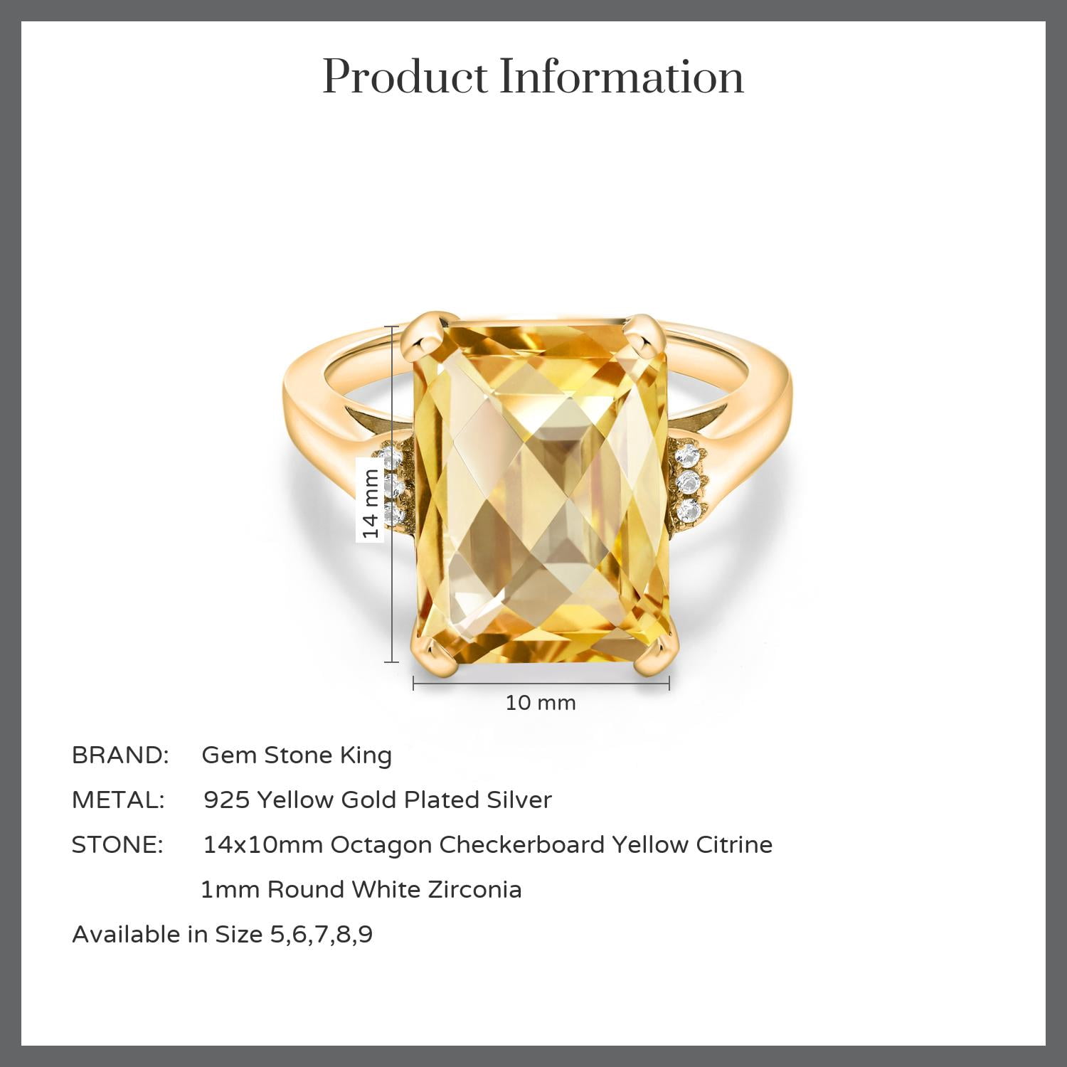Gem Stone King 6.83 Cttw Yellow Citrine Engagement Ring for Women | 18K Yellow Gold Plated Silver| Octagon Checkerboard 14X10MM | Gemstone November Birthstone | Size 6