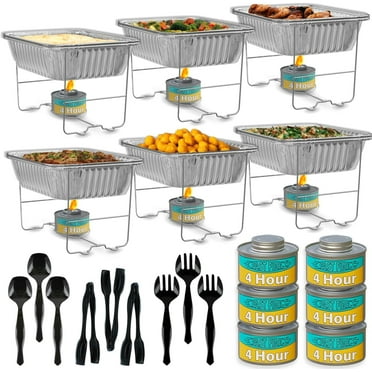 Chafing Dish Buffet Set, Half Size, Disposable Catering Supplies -6 Pack- Food Warmers for Parties: Foldable Wire Racks, Fuel, Aluminum Water Pans, Food Pans, Serving Utensils -Single Pan Food Warmer