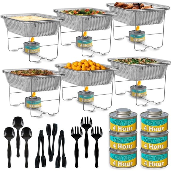 Chafing Dish Buffet Set, Half Size, Disposable Catering Supplies -6 Pack- Food Warmers for Parties: Foldable Wire Racks, Fuel, Aluminum Water Pans, Food Pans, Serving Utensils -Single Pan Food Warmer