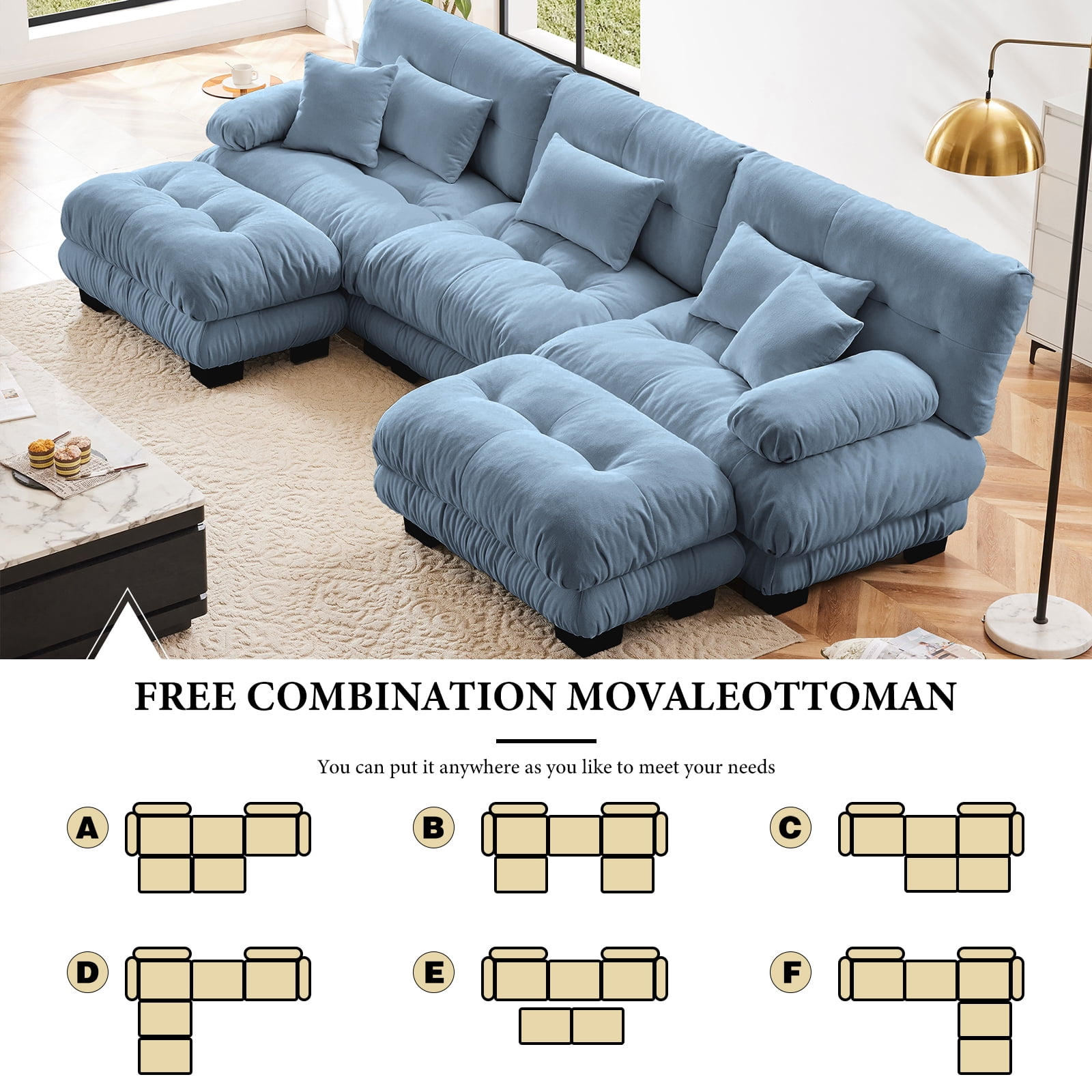 133.8" Oversized Couch, 3 Seater Modular Sectional Sofa, Blue Large U Shaped Sectional Couches for Living Room, Fluffy Chenille Fabric Cloud Couch with Ottoman, Deep Seat Sofas