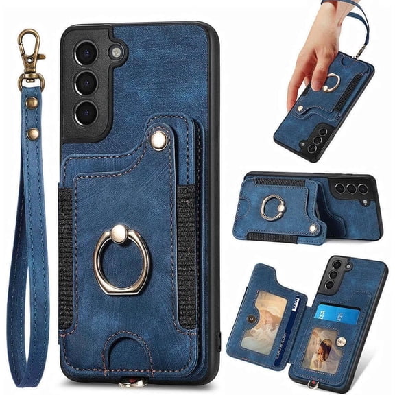 S21 Case,Card Holder Wallet for Samsung Galaxy S21 Case,Ring Holder Stand,RFID-Blocking,Wrist Strap,Camera Protector, Clasp,Leather Protective Flip Cover for Galaxy S21 Case 2023 (Blue)