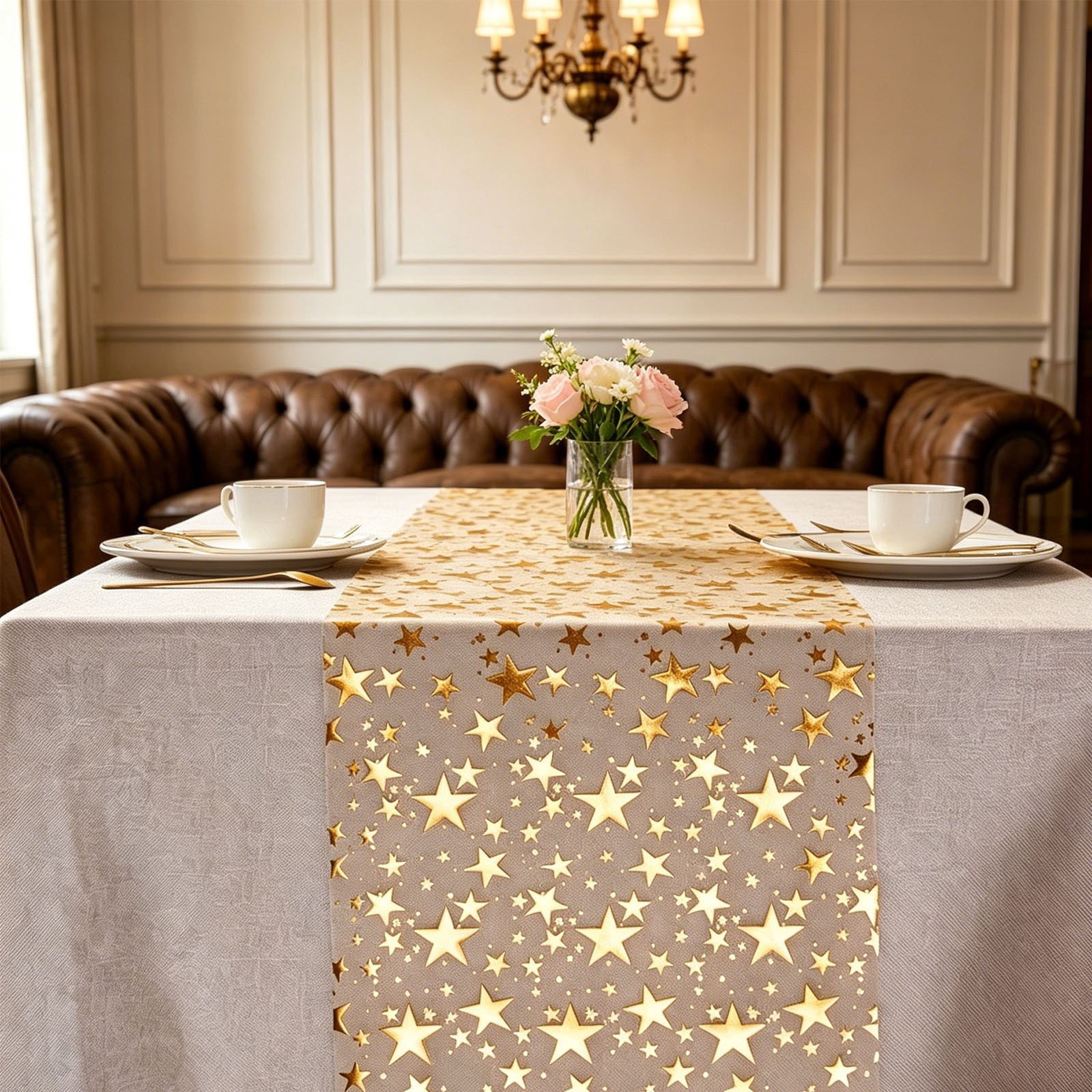 10Pcs Gold Star Table Runner, Fufafayo Gold Star Table Runner, Transparent Mesh Tablecloth For Wedding Party Birthday Holiday Decor, Elegant Polyester Table Cover For Dining Table, Buffet Table or