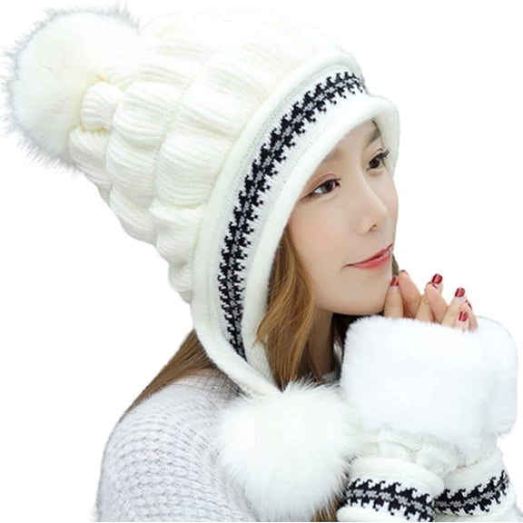 PIKADINGNIS Women Girls Warm Winter Hats Gloves Set Soft Knitted Fuzzy Thick Pom Pom Bearies Fleeze Lined Slouchy Cap