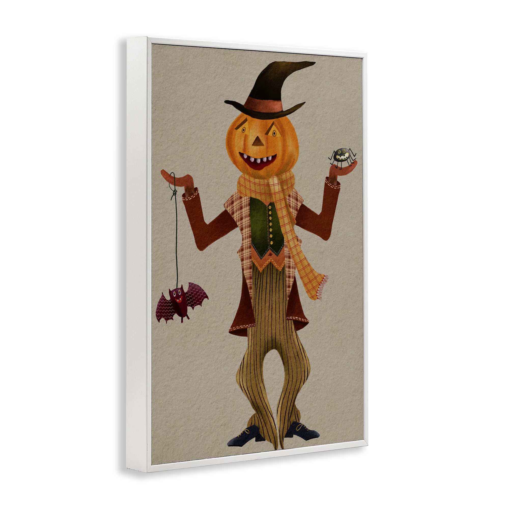 Stupell Industries Halloween Scarecrow & Bat Holiday Painting White Framed Art Print Wall Art, 12 x 18
