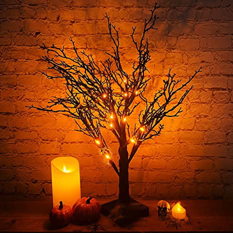 2 Pack 24 Inch Orange Lighted Halloween Birches Tree Decor with Timer Total 48 LED Battery Operated Tabletop Artificial Black Spooky Tree Halloween Decorations for Indoor Home Holiday Party 