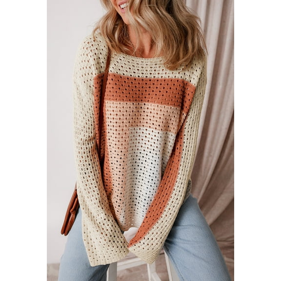 Ushdele Vibrant Apricot Pointelle Sweater: Trendy Colorblock & Relaxed Fit