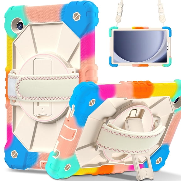 Shockproof Case for Samsung Galaxy Tab A9 8.7" SM-X110 X115, Rugged Hybrid Protection Drop Proof Cover with Shoulder Strap & Hand Strap [PET Screen Protector Film] Rotating Kickstand Case,Colorful