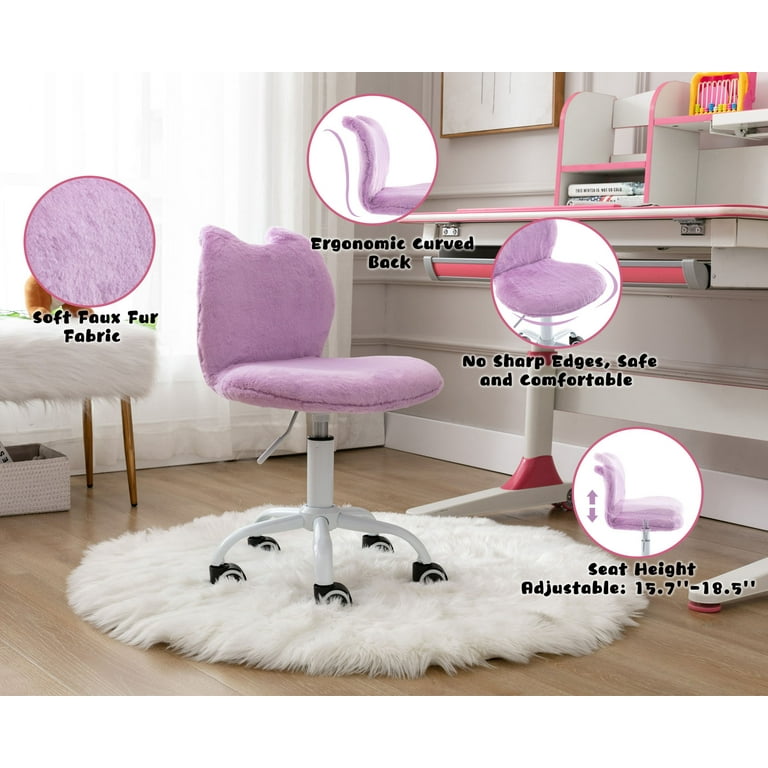 Guyou Cute Fuzzy Kids Chair Faux Fur Rolling Swivel Children Desk Chair Adjustable Student Task Chair Vanity Chair with Kitten Shaped Back for