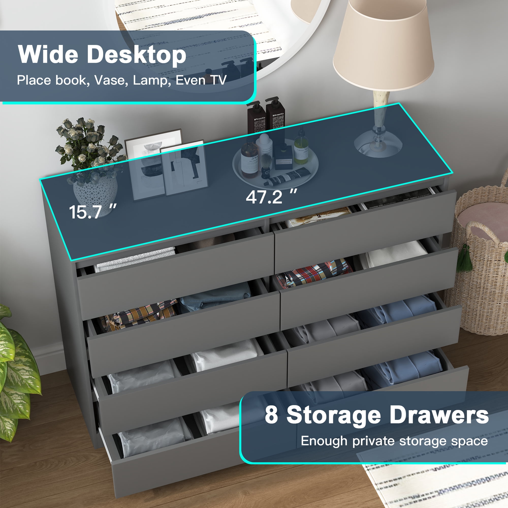 Demi Bonn 8 Drawer Double Dresser, Modern 8 Chest of Drawers with Deep Drawers, Wide Storage Organizer Cabinet for Living Room, Gray