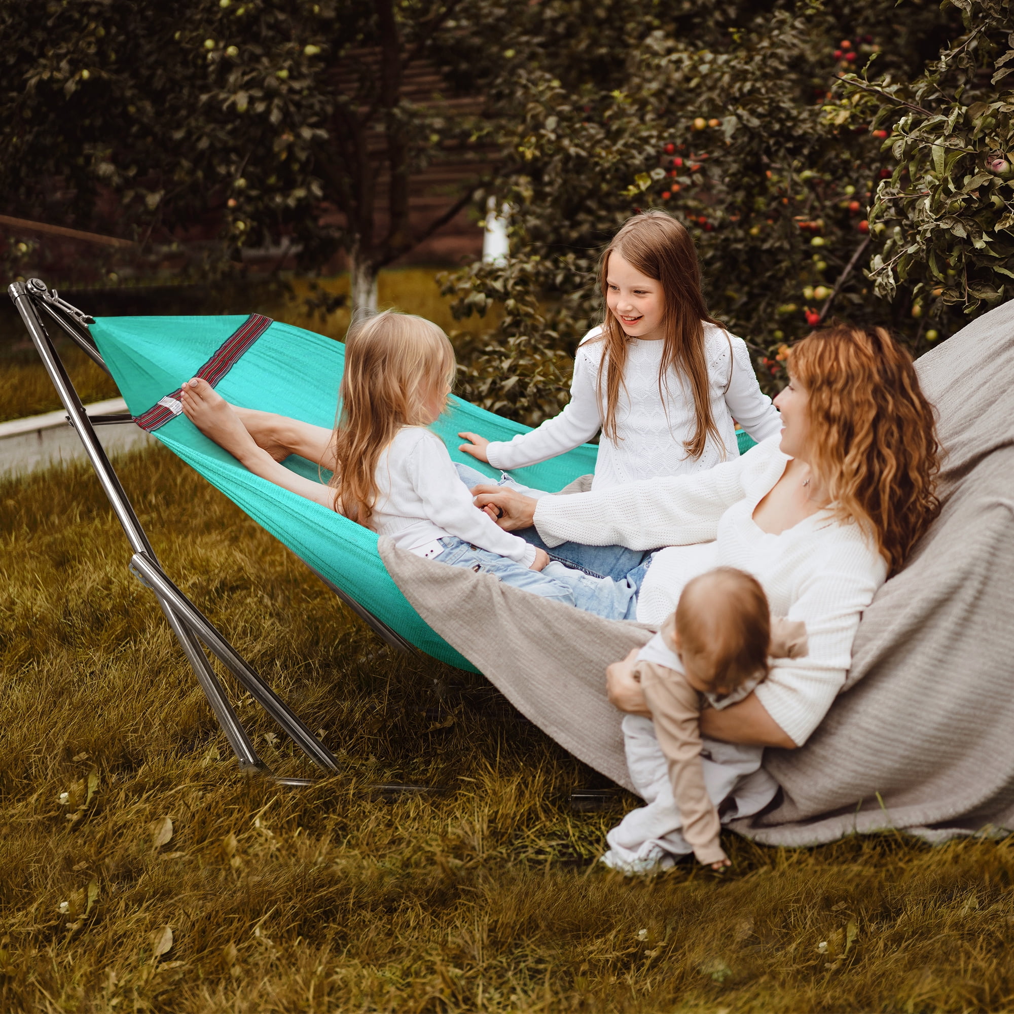 Tranquillo Double Hammock with Stand 600lb Capacity Stainless Steel Double Hammock with Spreader Bar/Sturdy Flexible Hammock Stand Portable, Outdoor Indoor, Sky