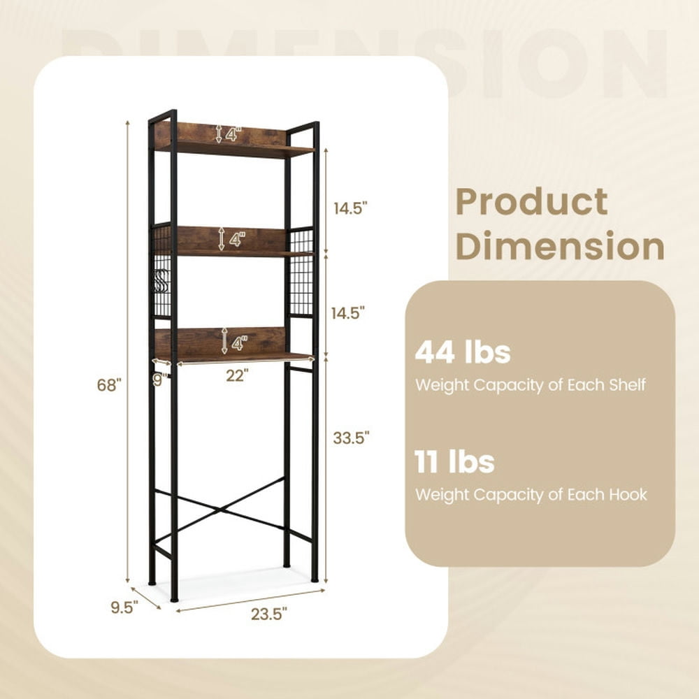 Finihen Toilet Storage Rack, Towel Rack, Towel Holder, 3-Tier Over-the-Toilet Storage Rack with 3 Hooks, for Bathroom, Rustic Brown