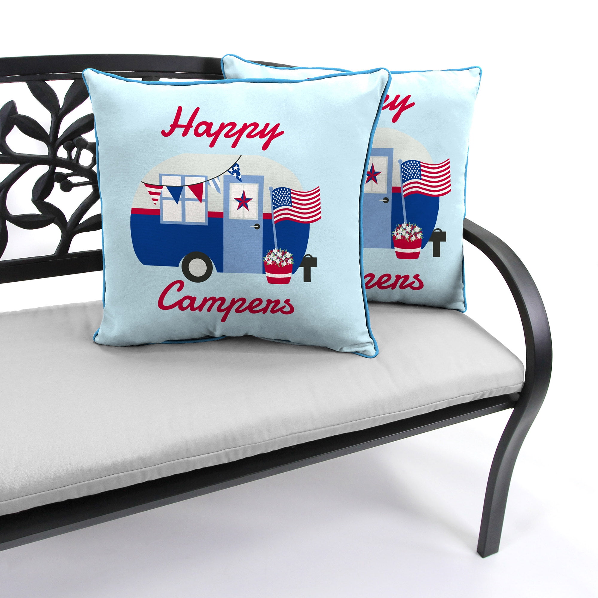 Jordan Manufacturing 16" x 16" Happy Campers USA Light Blue Novelty Square Outdoor Throw Pillow with Welt