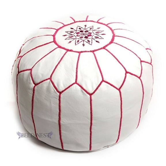 Embroidered Leather Pouf- White with Fuchsia Stitching