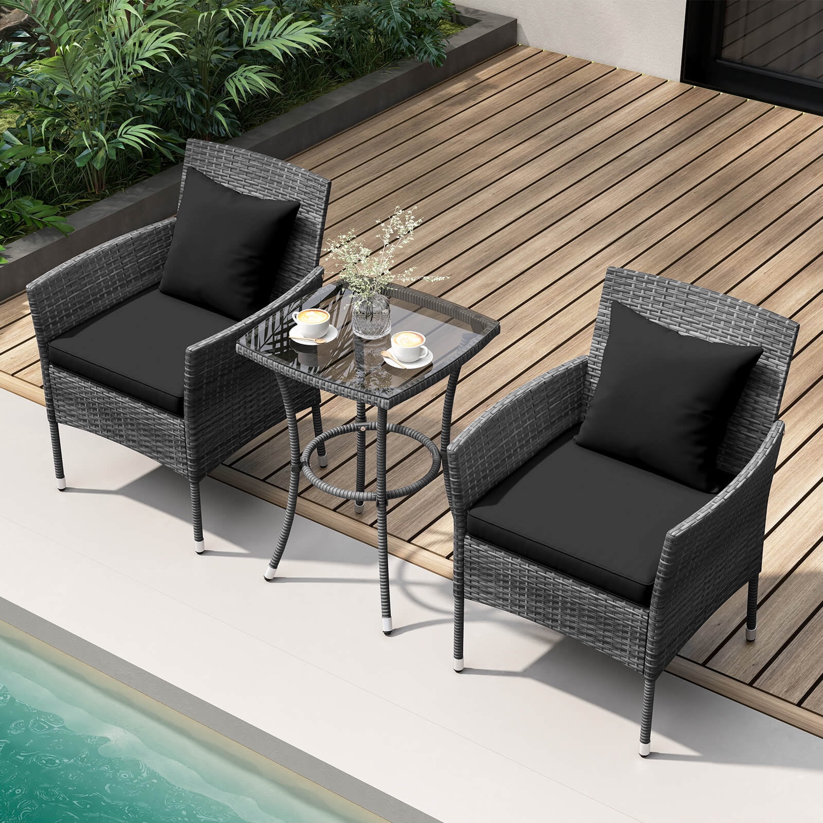 Costway 3 PCS Patio Furniture Set with Cushioned Patio Chairs & Tempered Glass Coffee Table Black