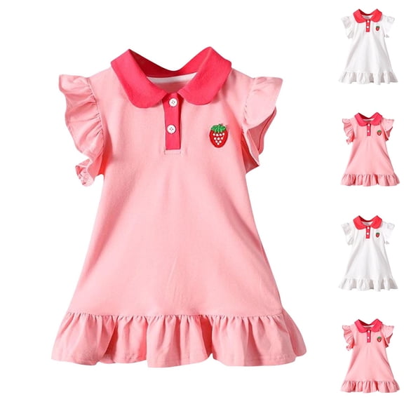Eltusu Casual Dresses for Girls, Fashion Lapel Collar Short Sleeve Cotton Summer Dress Pink Size 4 T
