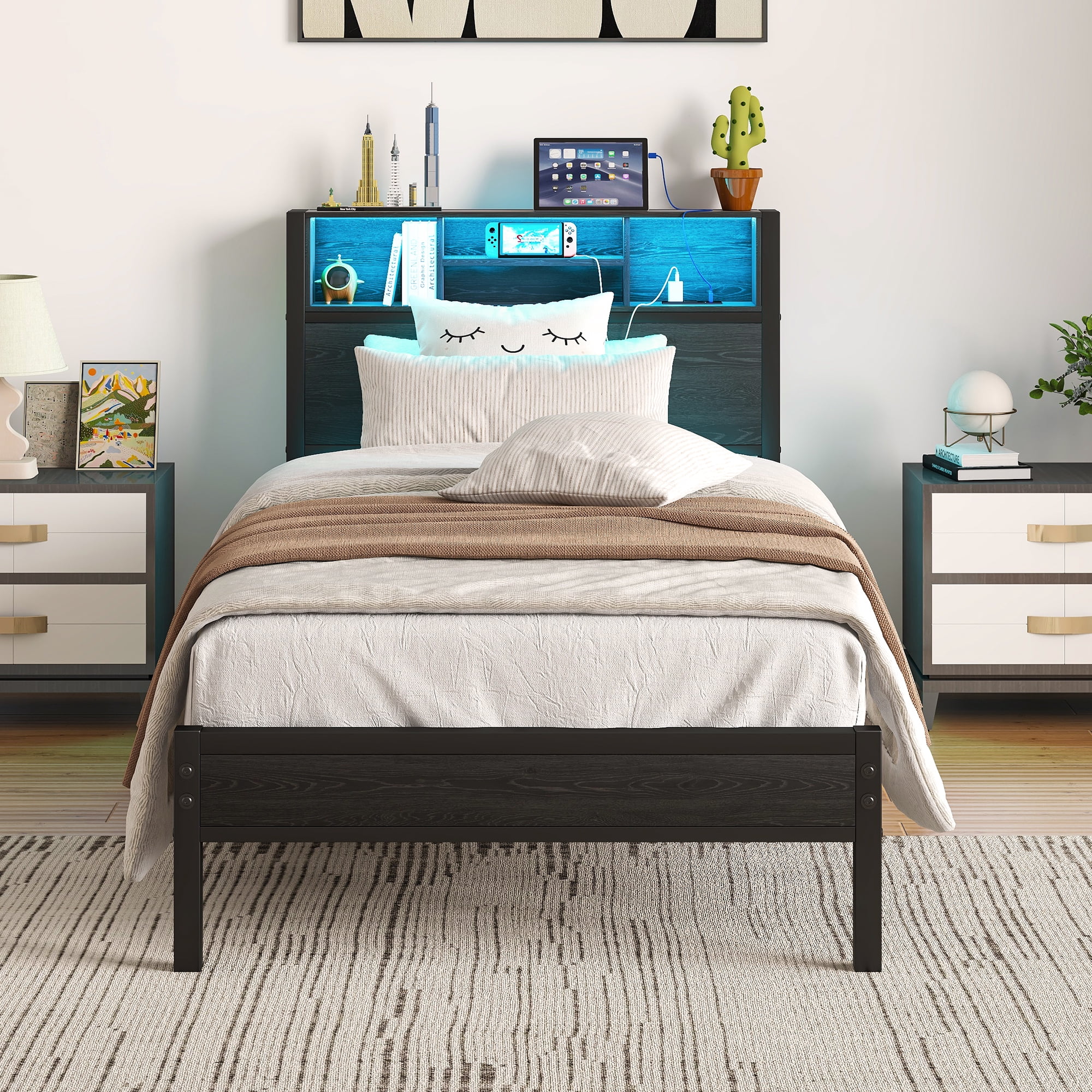 Yoneston Twin Size Bed Frame with Storage Headboard and LED Light, Metal Platform Bed with Charging Station & Bookcase Storage, Black