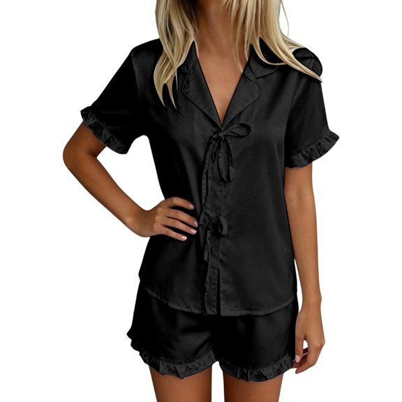 CONZONE Womens Pajamas Set Solid Color Short Sleeve Lace Up Tops and Shorts Loungewear Soft 2 Piece Pjs Set for Women