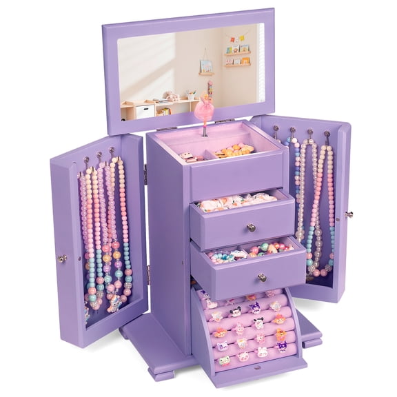 Sfugno Music Jewelry Box for Women Girls, Wooden Jewelry Boxes & Organizers with Mirror, 4 Layer Jewelry Organizer Box Display for Rings Earrings Necklaces Bracelets,Purple