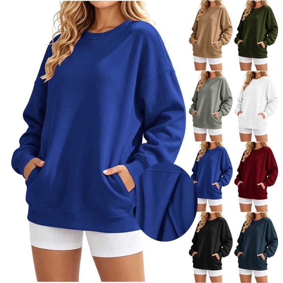 Horkkom Womens Crewneck Sweatshirt Solid Color Long Sleeve Casual Tops Pleated Soft Pullover Sweatshirts with Pockets, S-2XL