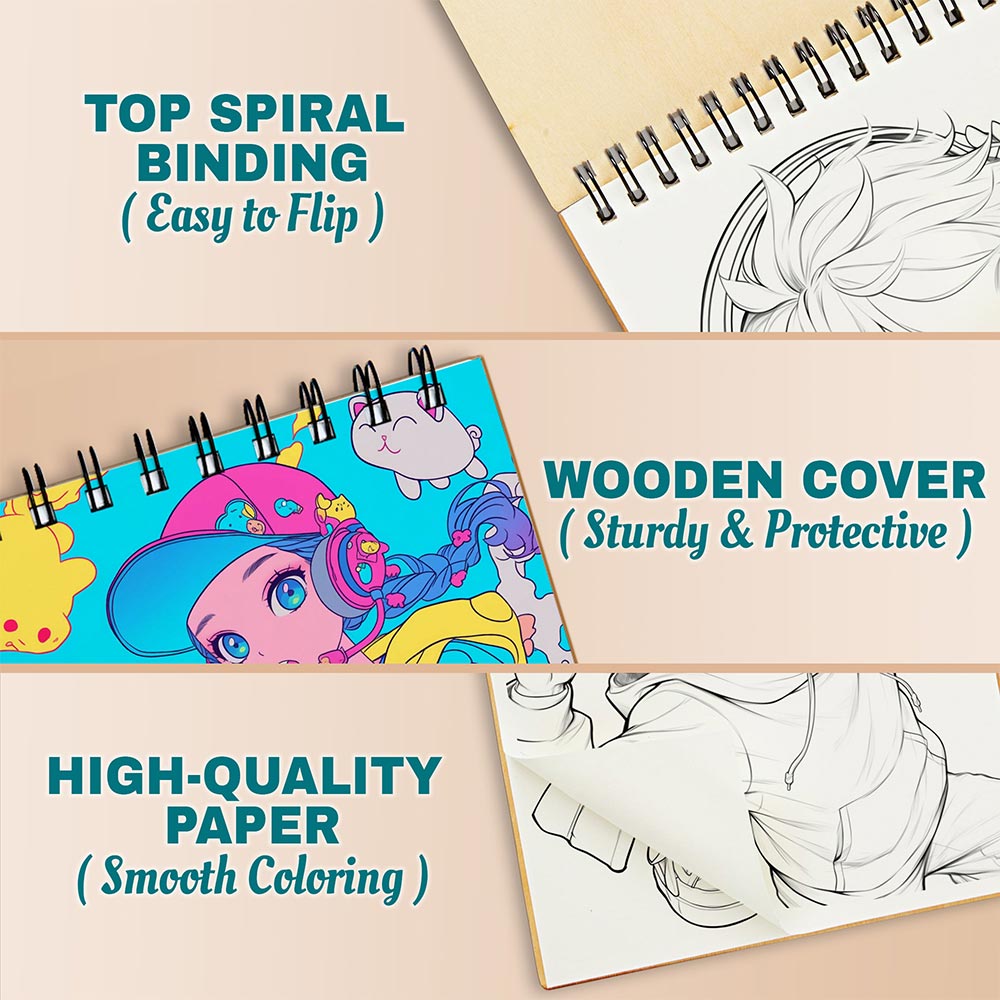 Netecom Kawaii Hiphop Coloring Book for Adults, A5 Wooden Cover, Spiral Bound Edition, 30 Stylish and Playful Coloring Pages of Trendy Hiphop Girls for Stress Relief and Relaxation