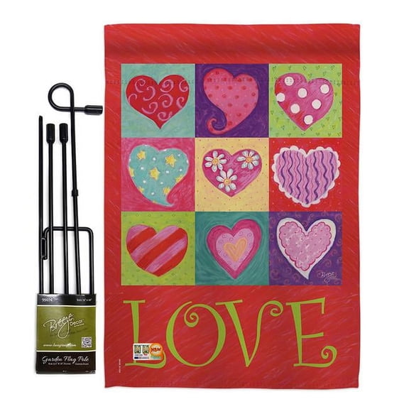 Breeze Decor BD-VA-GS-101046-IP-BO-D-US12-AM 13 x 18.5 in. Love Hearts Collage Spring Valentines Impressions Decorative Vertical Double Sided Garden Flag Set with Banner Pole