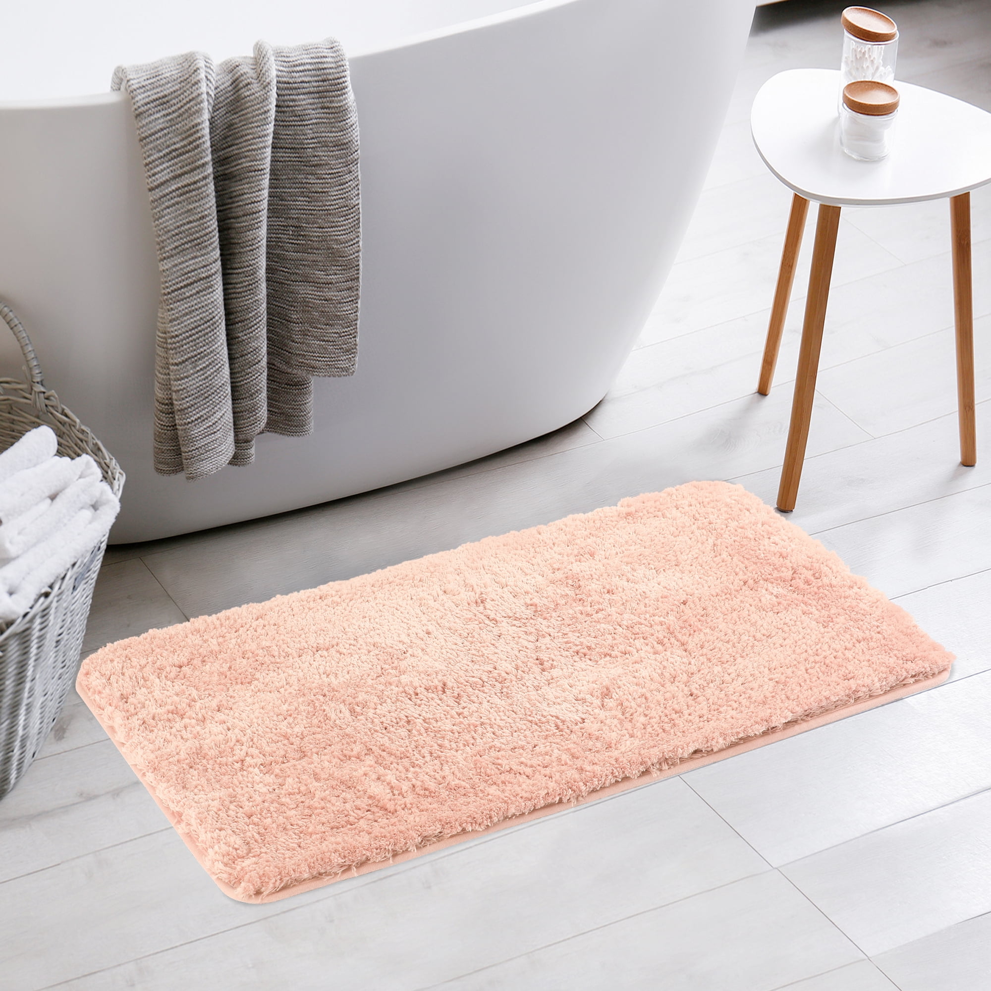 Unique Bargains 2 Pcs Extra Soft Thick Microfiber Non-Slip Plush Bath Mats Pink/White 20" x 32"