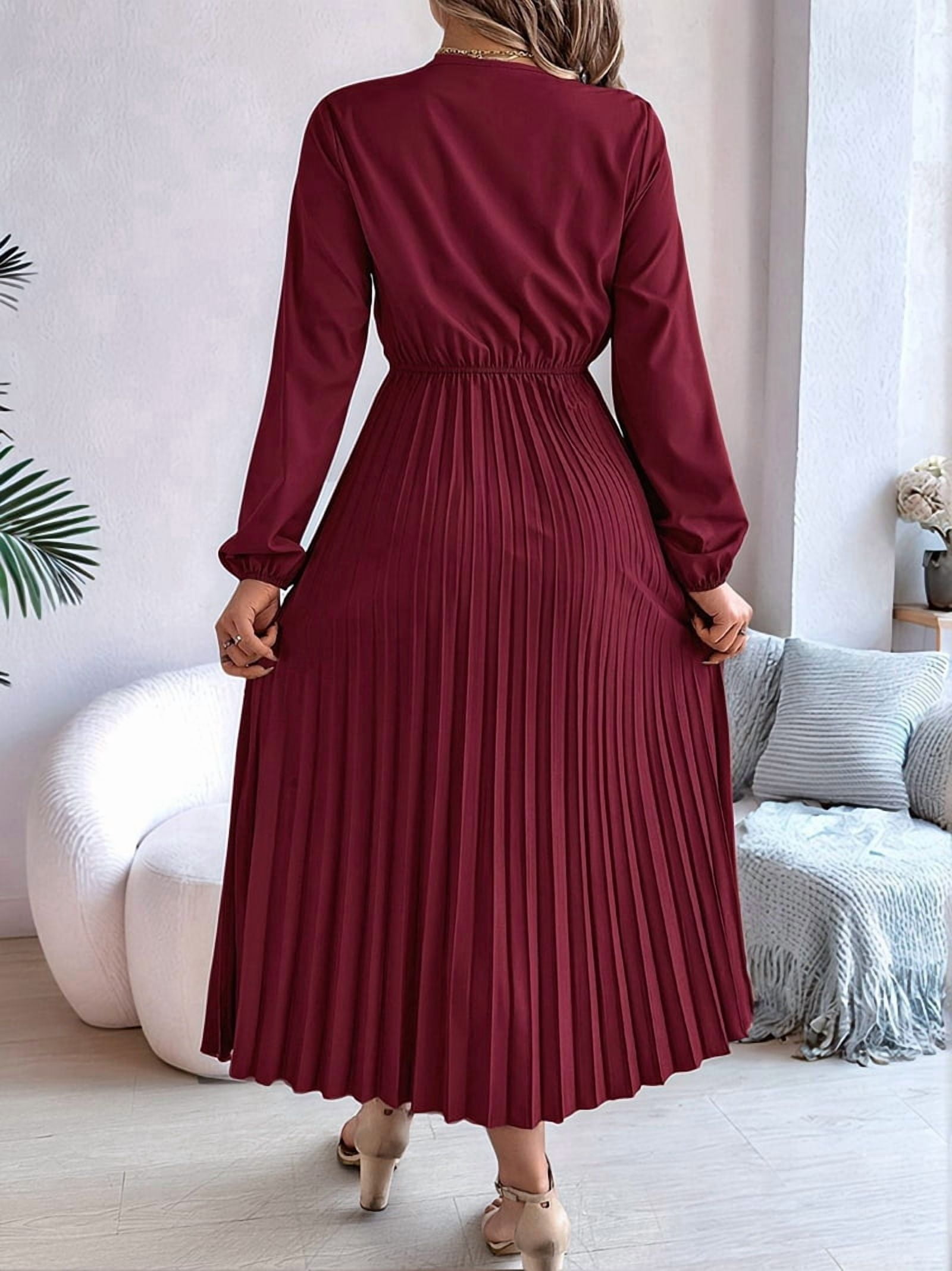 Women Fall Long Sleeve Dress Casual V Neck Pleated A Line Wine Red XL