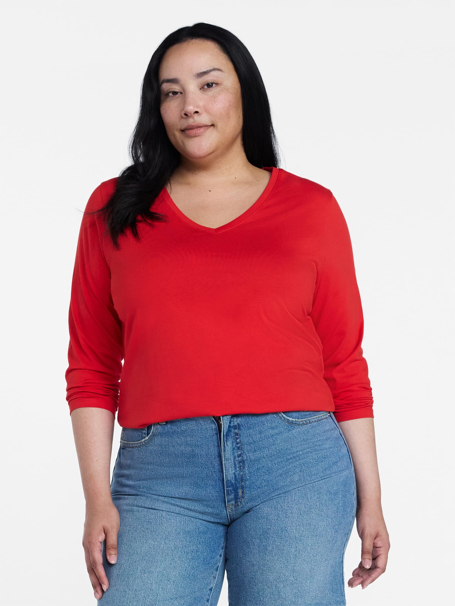 Time and Tru Women's Cotton V-Neck Tee with Long Sleeves, Sizes XS-XXXL