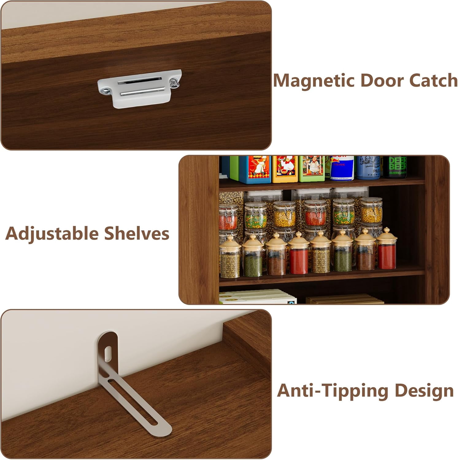 FANRAL 70” Tall Pantry Organizers and Storage Cabinet with Barn Doors & Drawers,Adjustable Shelf,Tall Pantry for Kitchen Dining Room Living Room Bedroom,Walnut Pantry Cabinet