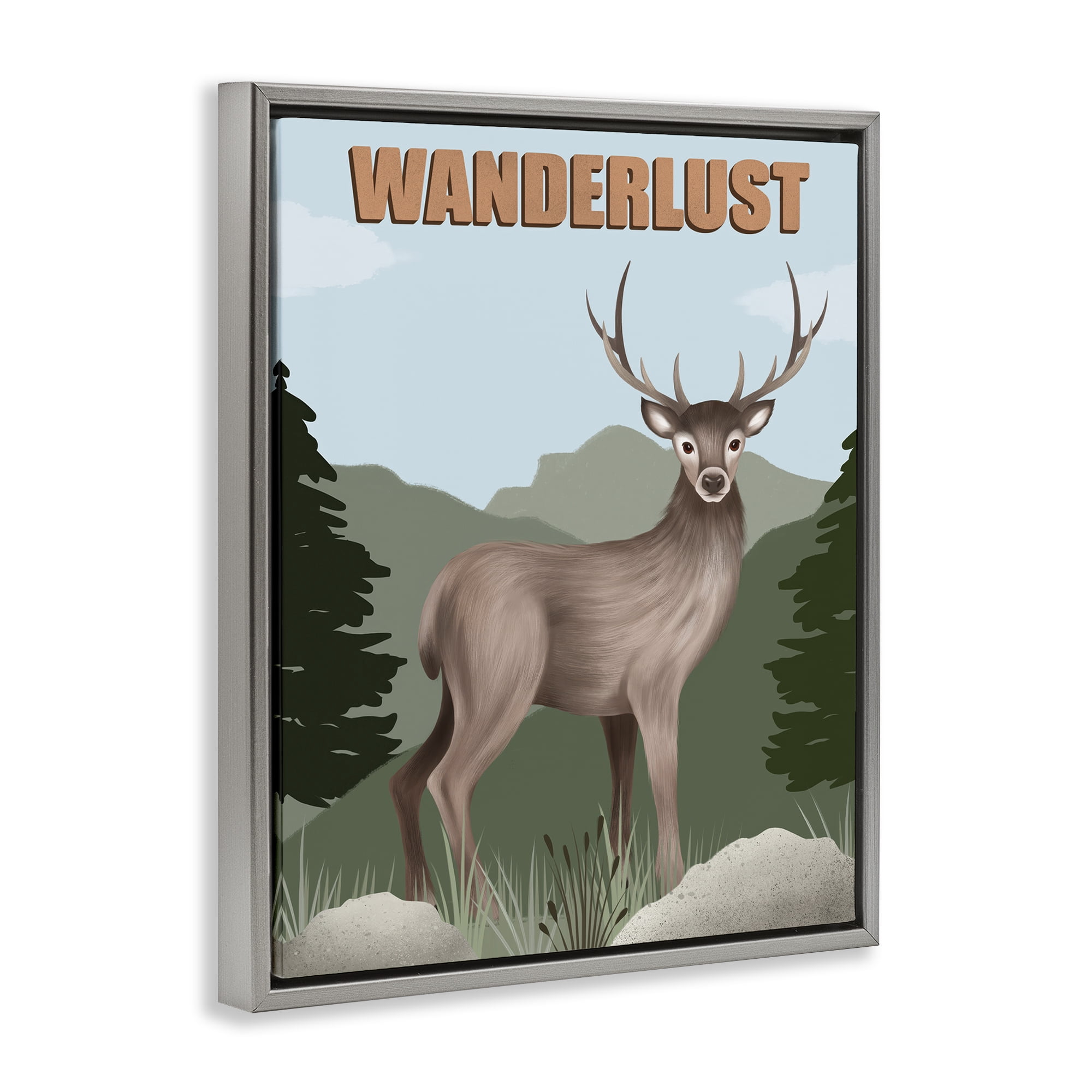 Stupell Industries Wanderlust Nature & Deer Animals Painting Gray Floater Framed Canvas Art Print Wall Art, 25 x 31