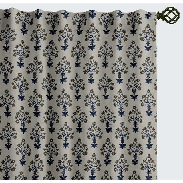 Vargottam Cotton Curtains for Windows - 3-in-1 Rod Pocket/Back Tab Short Window Drapes - Light Filtering Cotton Panels - Set of 2, 52"x63" - Floral Block Print (White)