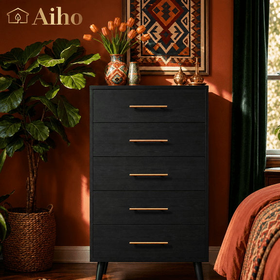 Aiho 5-Drawer Dresser with Metal Handles, Wood Storage Chest for Bedroom Entryway-Black