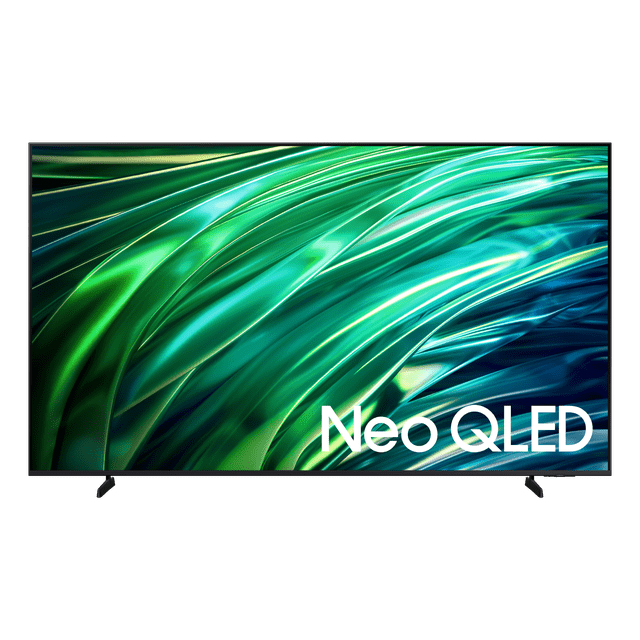 pantalla samsung ai 85 pulgadas neo qled 4k qnx1d televisor negro frontal con bisel delgado y base de dos patas; pantalla muestra gráficos verdes y azules y texto 'Neo QLED' en esquina inferior derecha; suele usarse en salas grandes.
