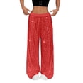 thumbnail image 2 of WULMLEO Women Sparkly Sequin Wide Leg Pants Shiny Elastic Low Rise Drawstring Palazzo Pant Glitter Baggy Party Long Trouser Red S, 2 of 7