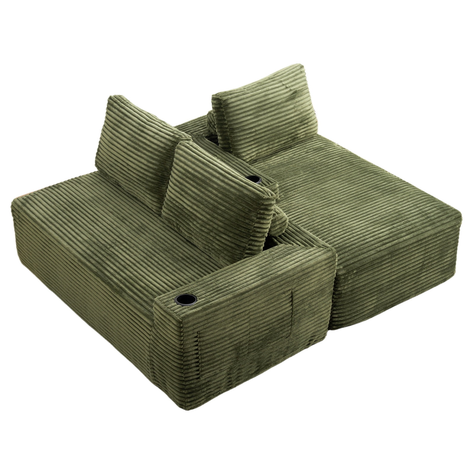 L-Shape Cloud Couch Cup Holders, Modular 104" Cloud Sectional Sofa Corduroy Boneless Sofa Couch with Chaise for Living Room, Green