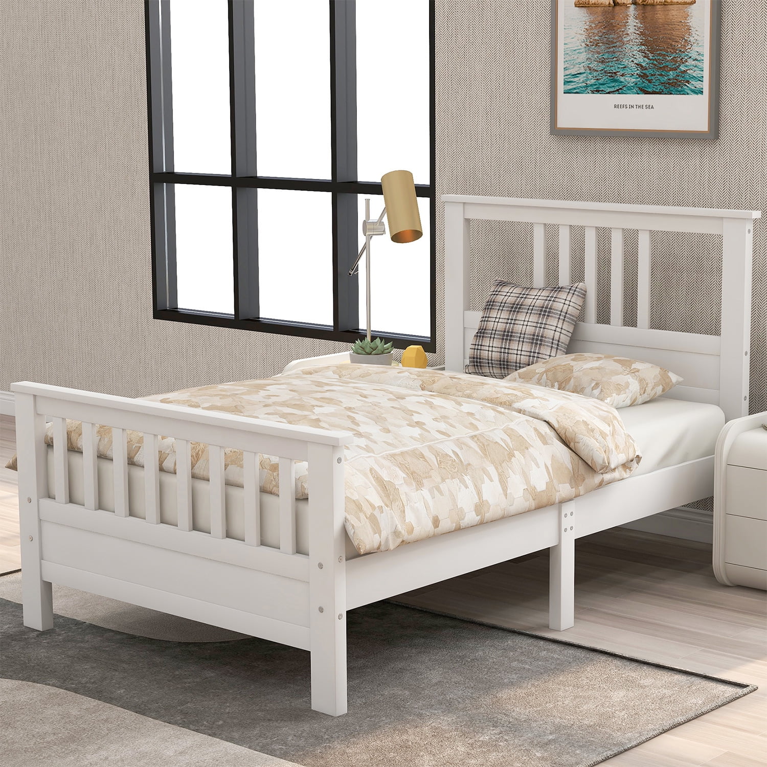 Bed Frame Twin Size With Headboard And Footboard, White Wooden Platform