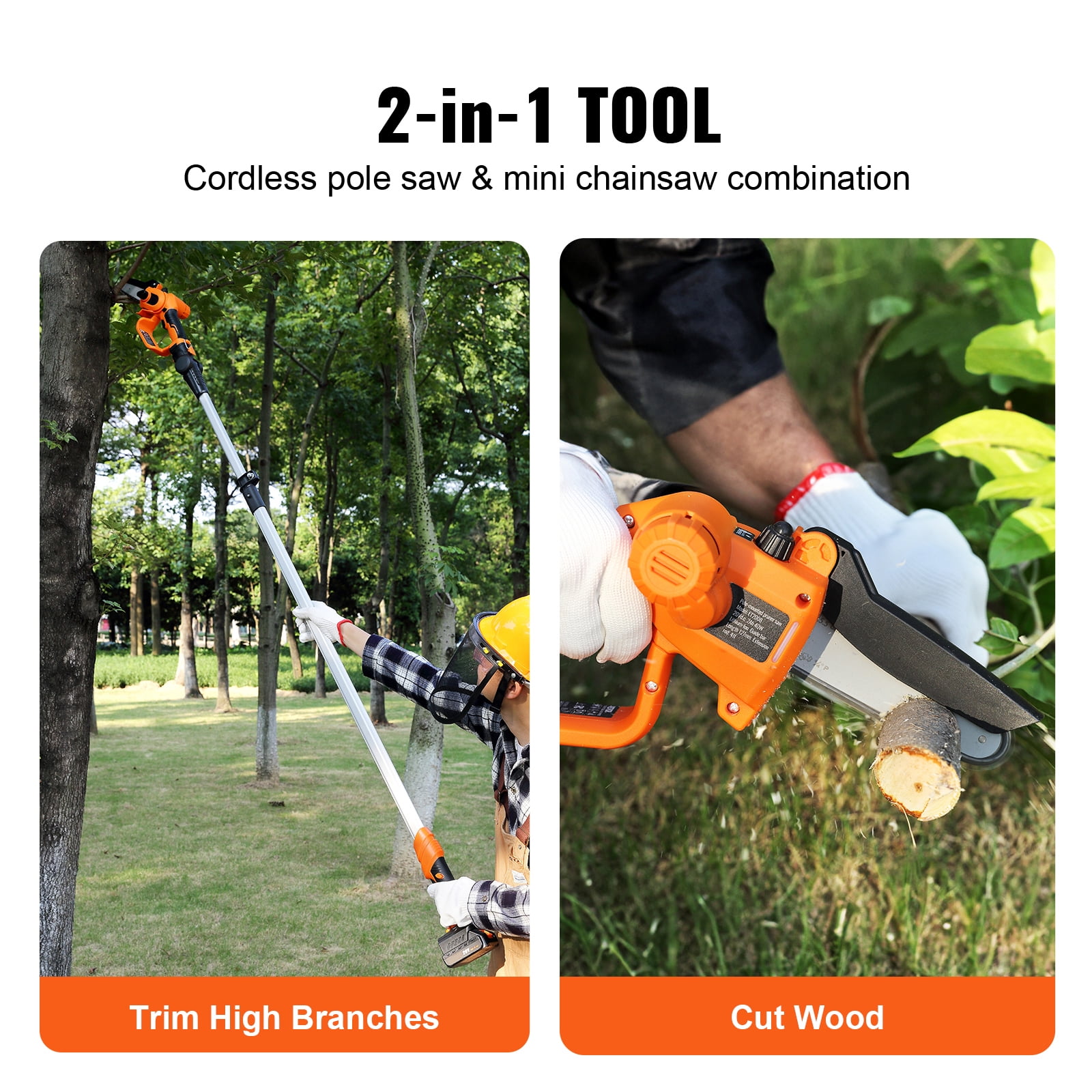 KFFKFF 2-in-1 Cordless Pole Saw & Mini Chainsaw, 20V 2Ah Battery Pole Chainsaw, 5" Cutting Capacity 8 ft Reach Pole Saw (Battery and Blade Cover Included)