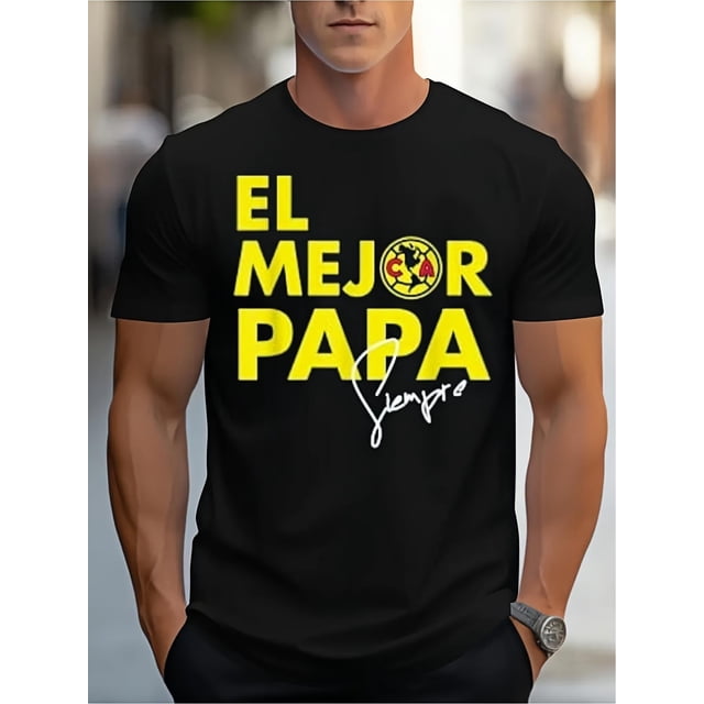 Camiseta Graphique Homme "El Mejor Papa" - 100% Coton, Camiseta Noir Décontracté à Col Rond avec Imprimé Jaune Audacieux, Léger & Respirant pour Tenue Décontractée, Camiseta deportiva de ocio