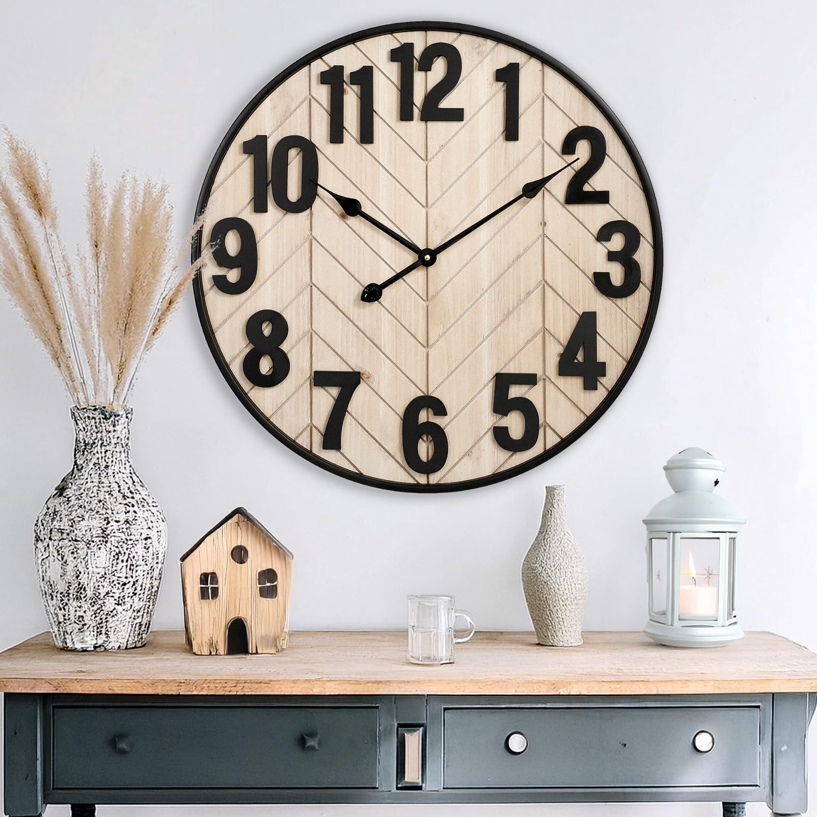 MODE HOME Rustic Farmhouse Wooden Wall Clock with Black Metal Frame, 24 inch Battery Operated Silent Clock, Brown