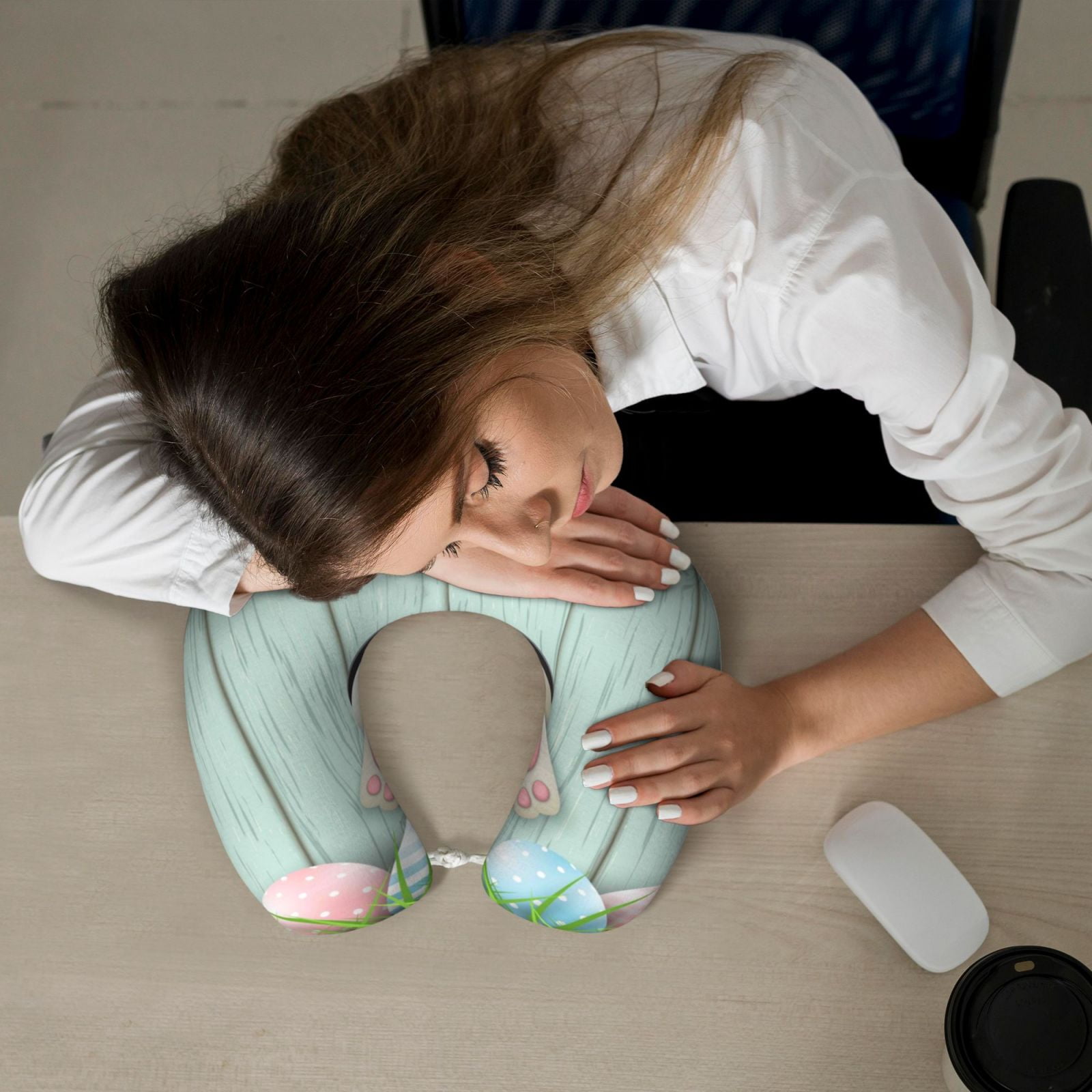 Xecao White Bunny Bottom And Easter Eggs Print Memory Foam Cervical Neck Pillow Versatile U-Shaped Pillows for Home,Office,Camping,Travelling,Soft Washable Cover