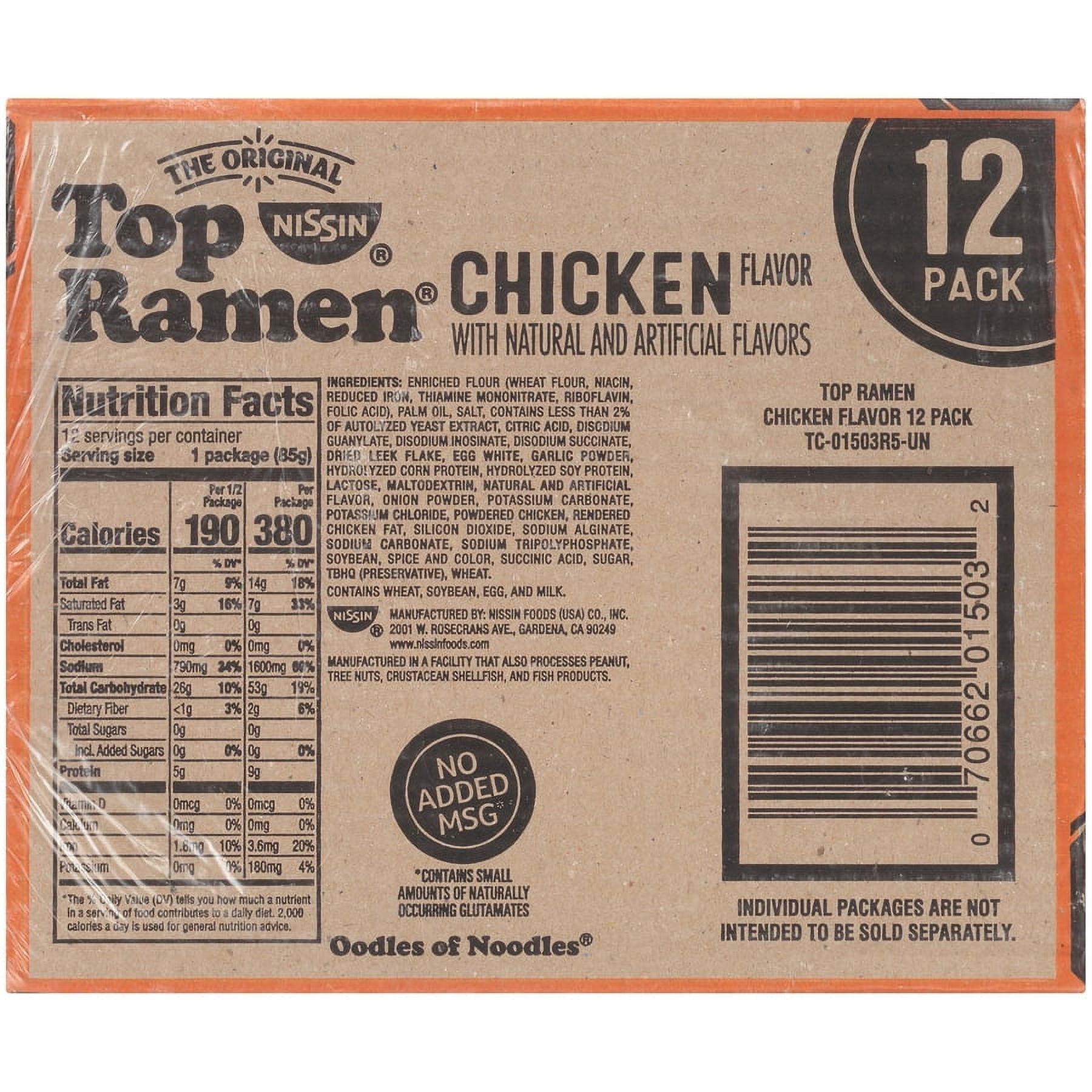Nissin Top Ramen Instant Chicken Flavored Ramen Noodle Soup, 12 