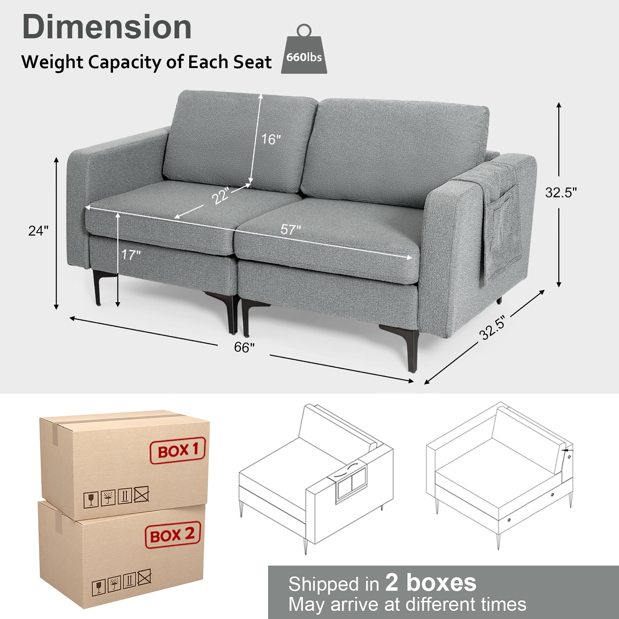 Costway Modern Loveseat Linen Fabric 2-Seat Sofa Couch w/ Side Storage Pocket Dark Grey