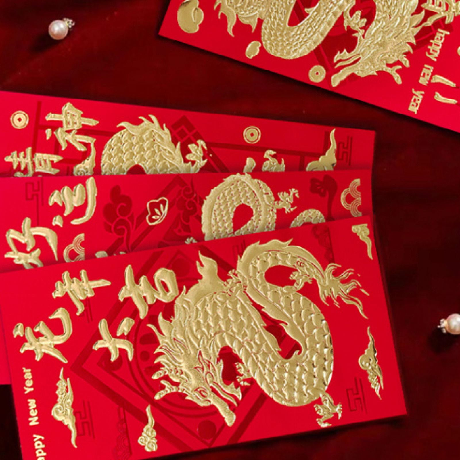 Chinese Red Envelopes For 2024 Lunar New Year - Dragon Design, Gold Foil, 6 Patterns, 36 Pieces, Small Size