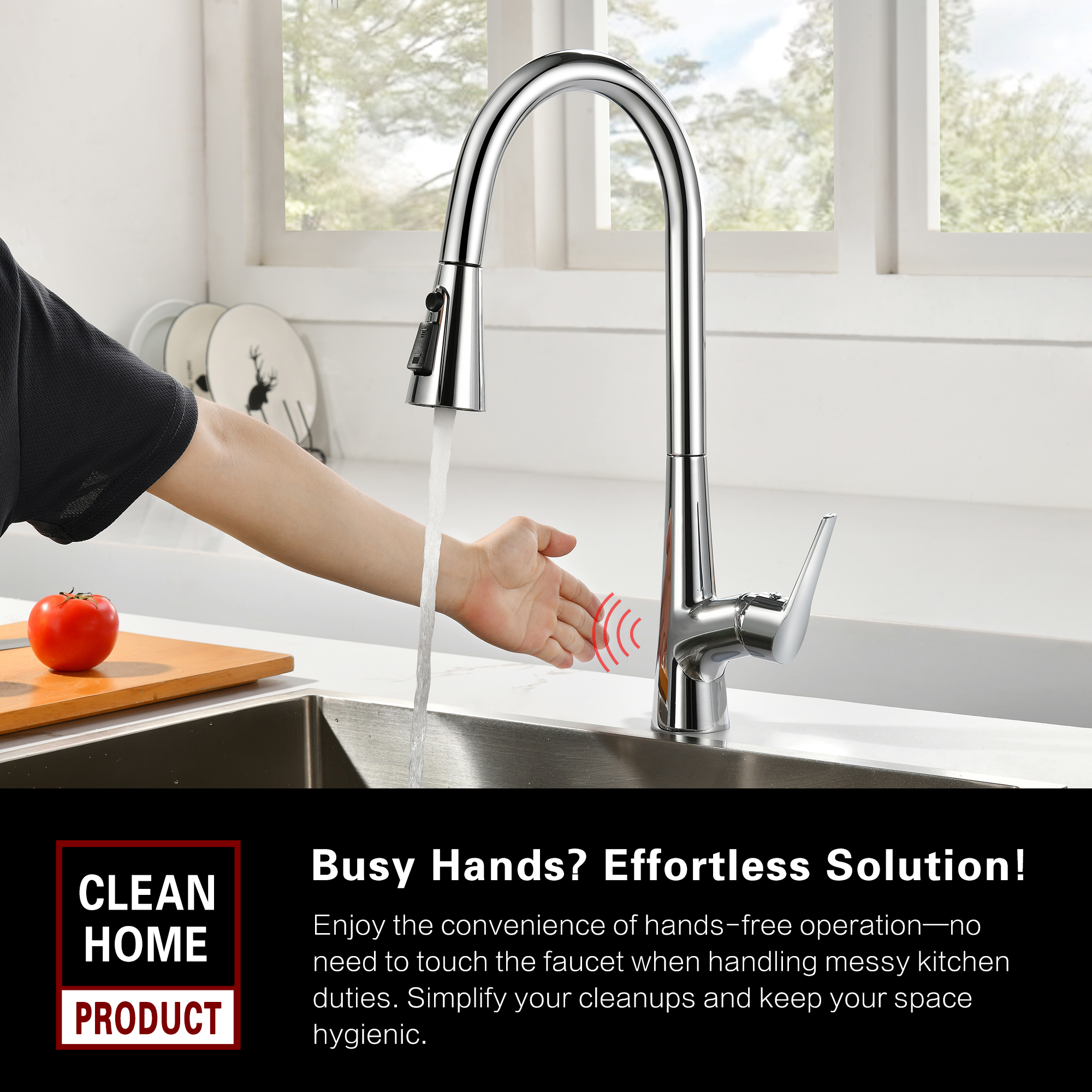 sumerain Touchless Pull Down Kitchen Faucet Hands-Free Motion Sensor Single Hole Kitchen Sink Faucet Chrome