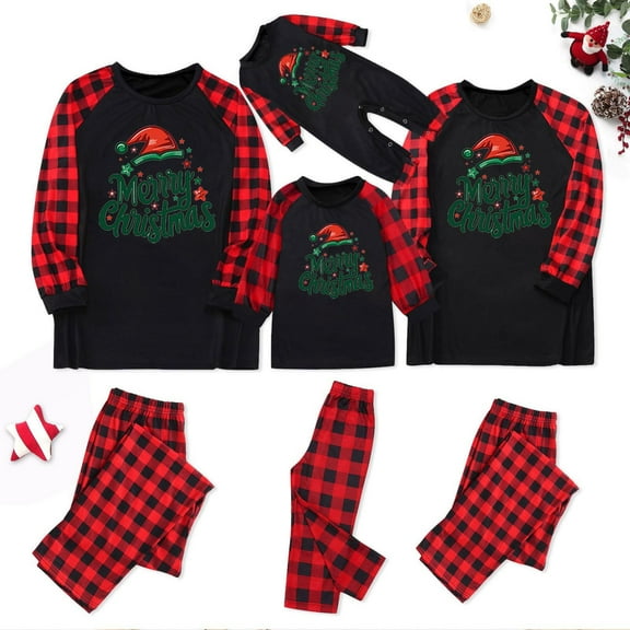 Odeerbi Christmas Pajamas for Family Holiday Plaid Long Sleeve Family Christmas Pajamas Matching Sets Dad Casual Plaid Print Tops Pants Set Two-Piece Sleepwear Xmas PJs Set Black