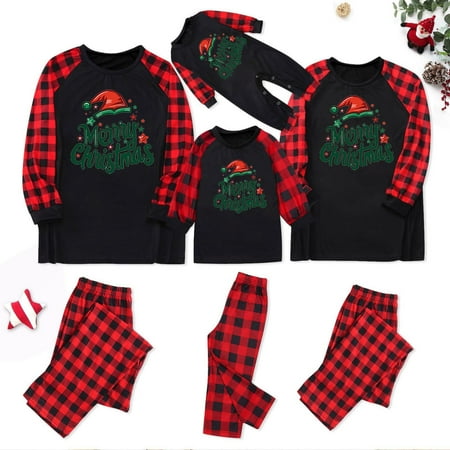 

Dxssxc Matching Pajamas for Couples and Kids Merry Christmas Letter Print Tops and Plaid Pants Comfortable Holiday Sleepwear